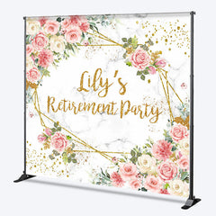 Lofaris Personalized Floral Retirement Party Backdrop Elegant Pink Rose and Gold Geometric Frame Custom Name on Marble Decor