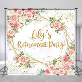 Lofaris Personalized Floral Retirement Party Backdrop Elegant Pink Rose and Gold Geometric Frame Custom Name on Marble Decor