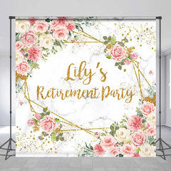 Lofaris Personalized Floral Retirement Party Backdrop Elegant Pink Rose and Gold Geometric Frame Custom Name on Marble Decor