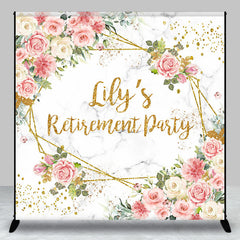 Lofaris Personalized Floral Retirement Party Backdrop Elegant Pink Rose and Gold Geometric Frame Custom Name on Marble Decor