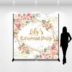 Lofaris Personalized Floral Retirement Party Backdrop Elegant Pink Rose and Gold Geometric Frame Custom Name on Marble Decor