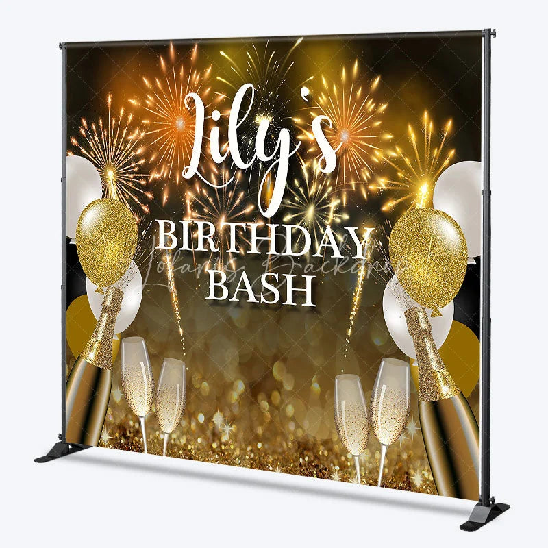 Lofaris Personalized Gold and Black Birthday Bash Custom Backdrop featuring Fireworks Balloons Champagne Flutes.