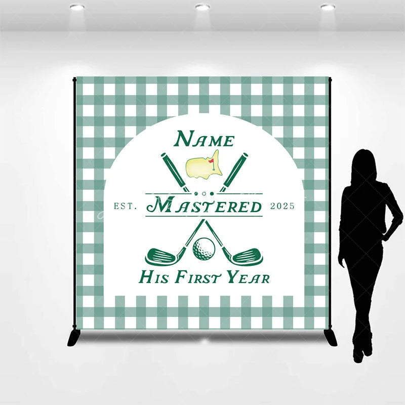 Lofaris Personalized Golf First Year Down Birthday Backdrop Custom Name Green Gingham Sports Party Banner