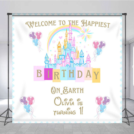 Lofaris Personalized Happiest Birthday on Earth Backdrop Fairytale Castle First Princess Theme Party Decor