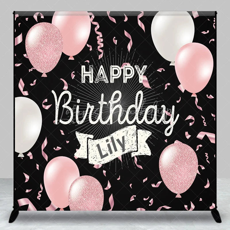 Lofaris Personalized Happy Birthday Backdrop Pink and White Balloons on Black Background Custom Name Girls Party Decor