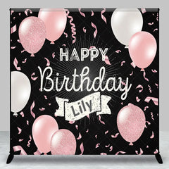 Lofaris Personalized Happy Birthday Backdrop Pink and White Balloons on Black Background Custom Name Girls Party Decor