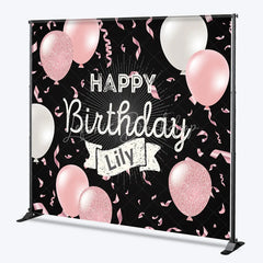 Lofaris Personalized Happy Birthday Backdrop Pink and White Balloons on Black Background Custom Name Girls Party Decor