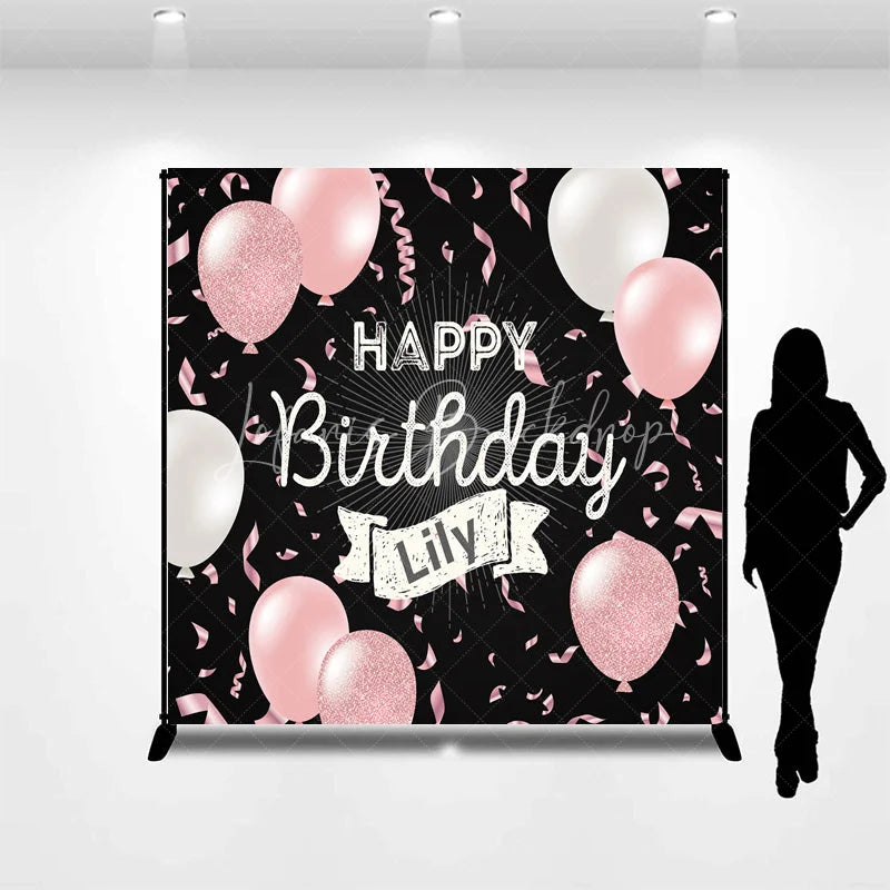 Lofaris Personalized Happy Birthday Backdrop Pink and White Balloons on Black Background Custom Name Girls Party Decor