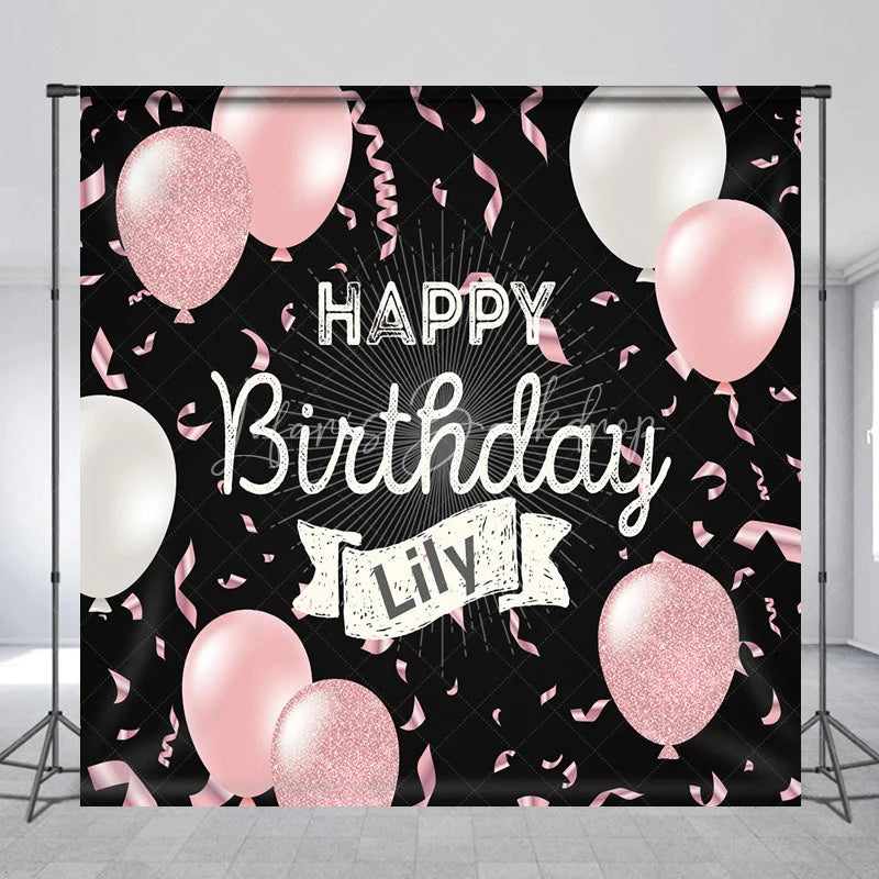 Lofaris Personalized Happy Birthday Backdrop Pink and White Balloons on Black Background Custom Name Girls Party Decor
