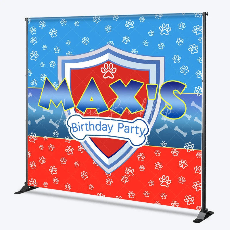 Lofaris Personalized Hero Shield Birthday Backdrop Blue and Red Paw Prints with Bone Pattern Background Custom Name Kids Party Decor