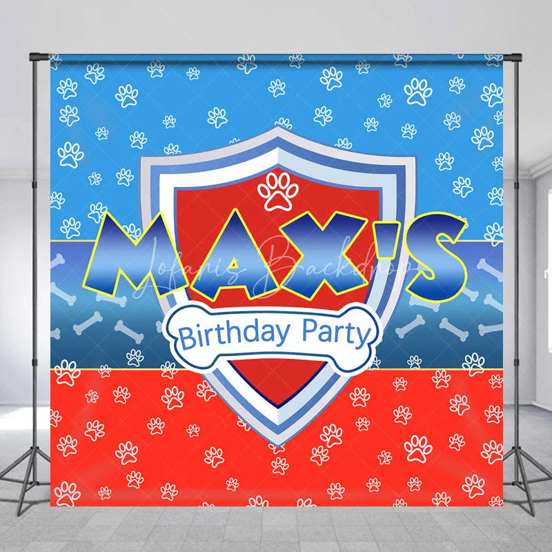 Lofaris Personalized Hero Shield Birthday Backdrop Blue and Red Paw Prints with Bone Pattern Background Custom Name Kids Party Decor