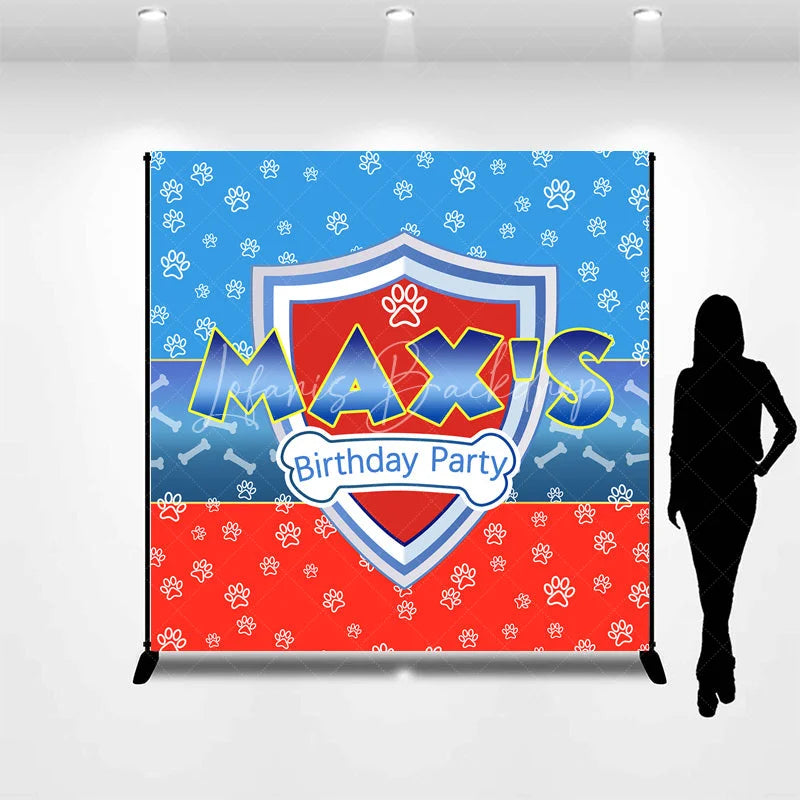 Lofaris Personalized Hero Shield Birthday Backdrop Blue and Red Paw Prints with Bone Pattern Background Custom Name Kids Party Decor
