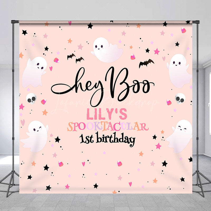 Lofaris Personalized Hey Boo 1st Birthday Backdrop Pink Halloween Spooktacular Theme Custom Name Cute Ghost Party Decor