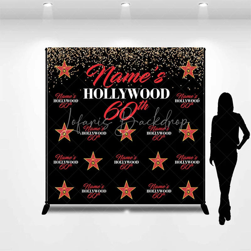 Lofaris Personalized Hollywood 60th Birthday Custom Backdrop with Gold Glitter and Red Stars Glamorous Party Decor