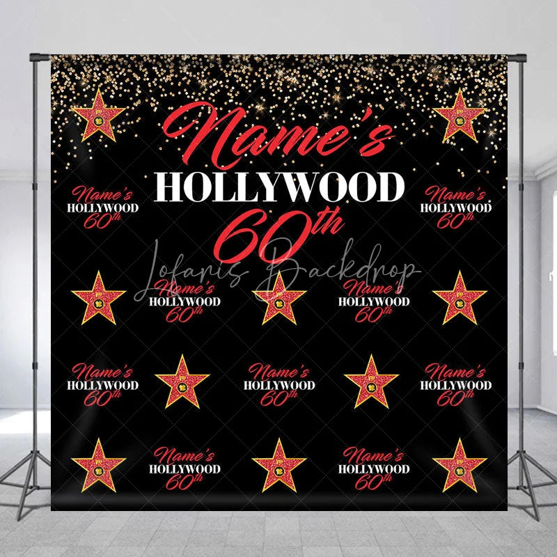 Lofaris Personalized Hollywood 60th Birthday Custom Backdrop with Gold Glitter and Red Stars Glamorous Party Decor