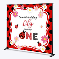 Lofaris Personalized Little Ladybug First Birthday Backdrop Red and Black Polka Dot Theme Custom Name Party Decor for Girl