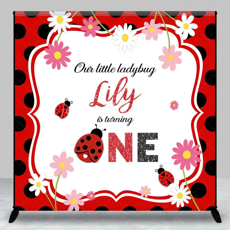 Lofaris Personalized Little Ladybug First Birthday Backdrop Red and Black Polka Dot Theme Custom Name Party Decor for Girl