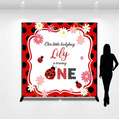 Lofaris Personalized Little Ladybug First Birthday Backdrop Red and Black Polka Dot Theme Custom Name Party Decor for Girl