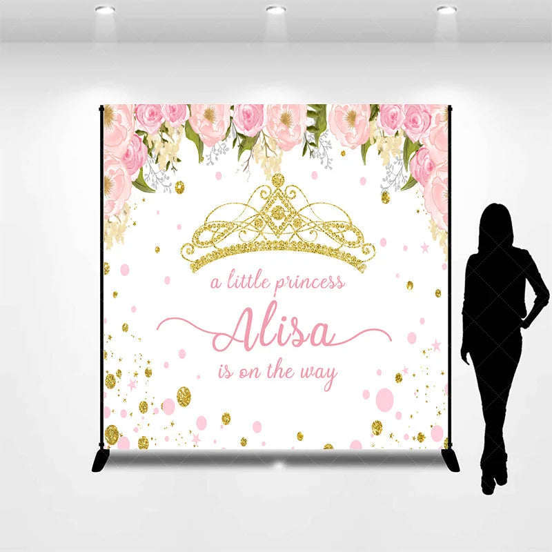 Lofaris Personalized Little Princess Baby Shower Backdrop Pink and Gold Floral Crown Girl Party Decor