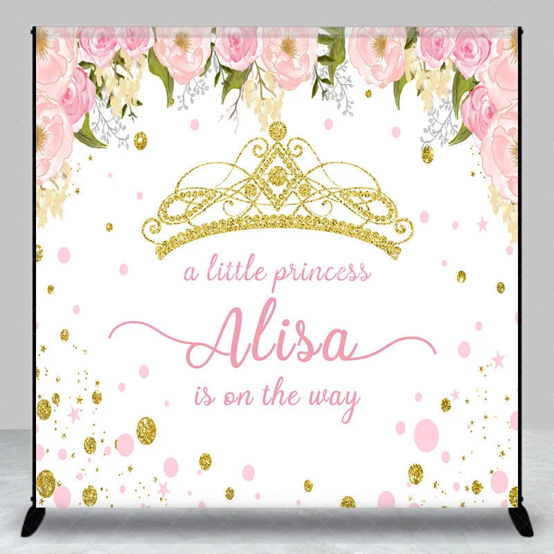 Lofaris Personalized Little Princess Baby Shower Backdrop Pink and Gold Floral Crown Girl Party Decor