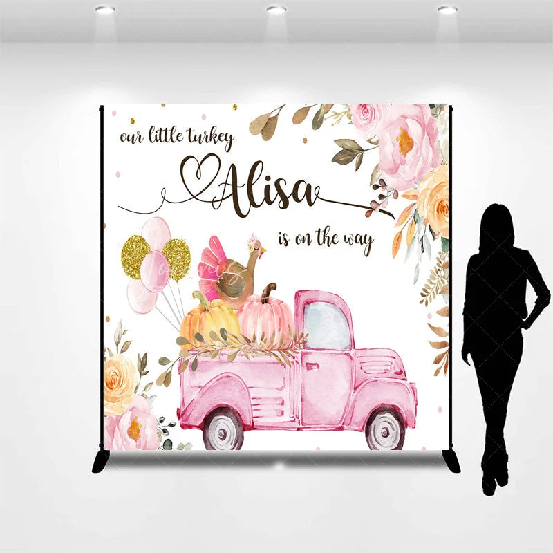 Lofaris Personalized Little Turkey Baby Shower Backdrop Pink Truck Pumpkin Fall Floral Girl Party Decor