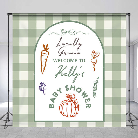 Lofaris Personalized Locally Grown Baby Shower Arch Backdrop Sage Green Gingham Farmer’s Market Theme Custom Name Party Decor