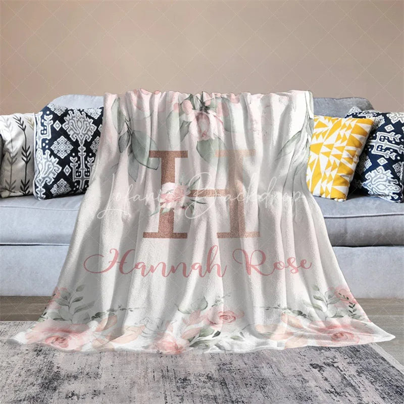 Lofaris Personalized Monogram Blanket for Girl Custom Initial H Pink Rose Floral Nursery Decor Swaddle