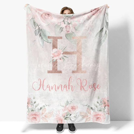 Lofaris Personalized Monogram Blanket for Girl Custom Initial H Pink Rose Floral Nursery Decor Swaddle