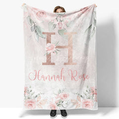 Lofaris Personalized Monogram Blanket for Girl Custom Initial H Pink Rose Floral Nursery Decor Swaddle