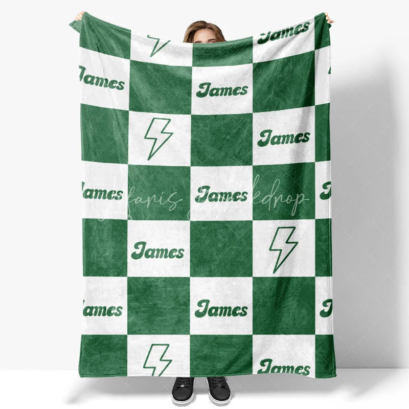 Lofaris Personalized Name Blanket for Boy Custom Green Checkered Lightning Bolt Retro Modern Nursery Decor