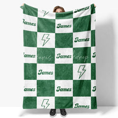 Lofaris Personalized Name Blanket for Boy Custom Green Checkered Lightning Bolt Retro Modern Nursery Decor