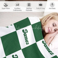 Lofaris Personalized Name Blanket for Boy Custom Green Checkered Lightning Bolt Retro Modern Nursery Decor