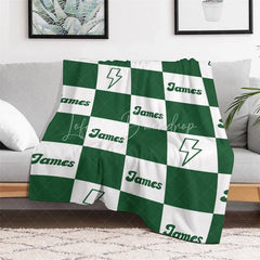 Lofaris Personalized Name Blanket for Boy Custom Green Checkered Lightning Bolt Retro Modern Nursery Decor