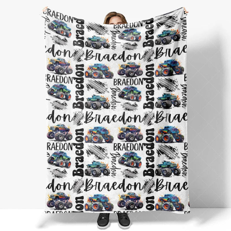 Lofaris Personalized Name Blanket for Boy Custom Monster Truck Baby Racing Car Nursery Decor Swaddle
