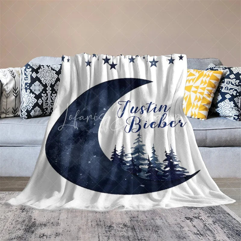 Lofaris Personalized Name Blanket for Boy Custom Moon and Stars Navy Blue Pine Trees Nursery Decor Swaddle