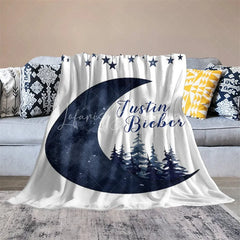 Lofaris Personalized Name Blanket for Boy Custom Moon and Stars Navy Blue Pine Trees Nursery Decor Swaddle