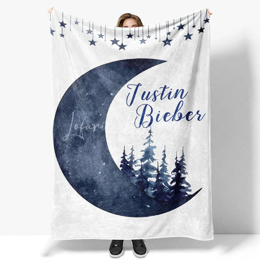 Lofaris Personalized Name Blanket for Boy Custom Moon and Stars Navy Blue Pine Trees Nursery Decor Swaddle
