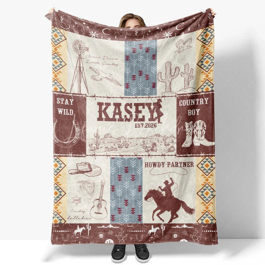 Lofaris Personalized Name Blanket for Boy Custom Western Cowboy Baby Rustic Cactus Nursery Decor Swaddle