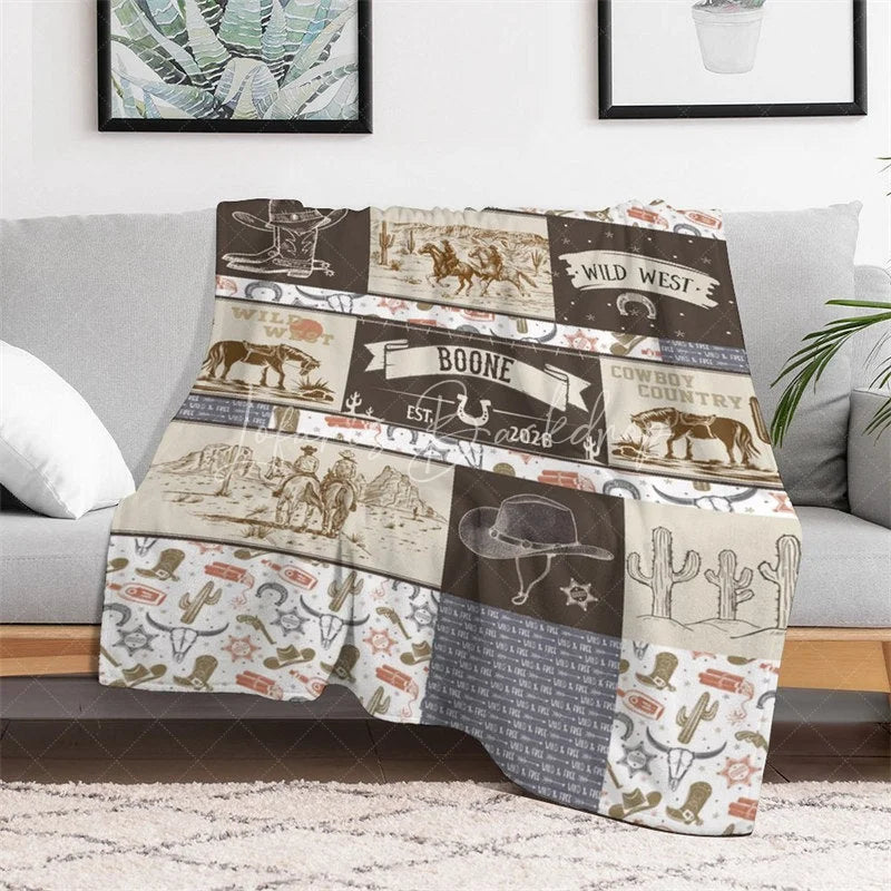 Lofaris Personalized Name Blanket for Boy Custom Western Cowboy Patchwork Rustic Wild West Nursery Decor