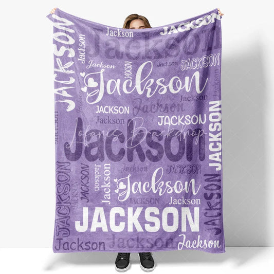 Lofaris Personalized Name Blanket for Boy or Girl Custom Word Cloud Typography Purple Blue Nursery Swaddle