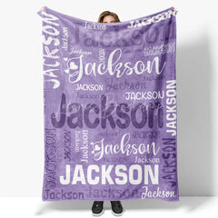 Lofaris Personalized Name Blanket for Boy or Girl Custom Word Cloud Typography Purple Blue Nursery Swaddle