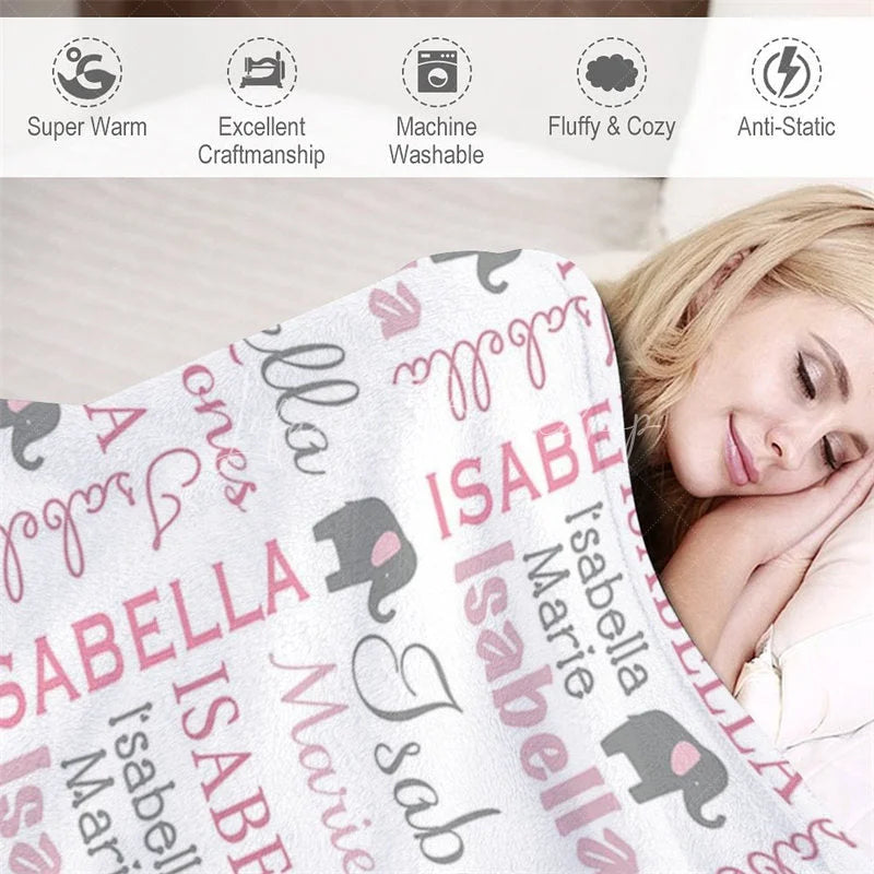 Lofaris Personalized Name Blanket for Girl Custom Baby with Elephant Pink and Grey Nursery Decor Swaddle