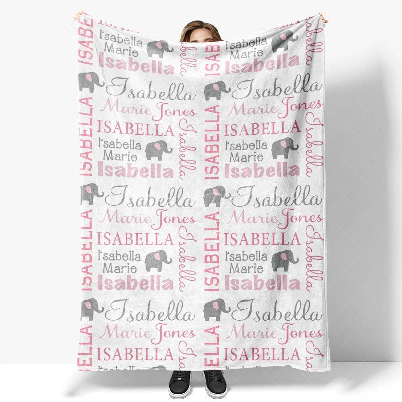 Lofaris Personalized Name Blanket for Girl Custom Baby with Elephant Pink and Grey Nursery Decor Swaddle