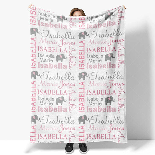 Lofaris Personalized Name Blanket for Girl Custom Baby with Elephant Pink and Grey Nursery Decor Swaddle