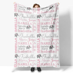 Lofaris Personalized Name Blanket for Girl Custom Baby with Elephant Pink and Grey Nursery Decor Swaddle