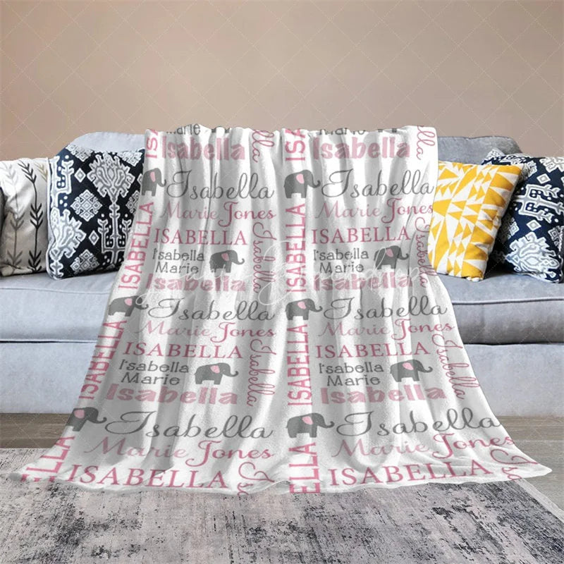 Lofaris Personalized Name Blanket for Girl Custom Baby with Elephant Pink and Grey Nursery Decor Swaddle