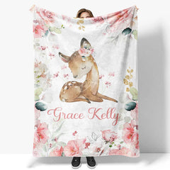Lofaris Personalized Name Blanket for Girl Custom Baby with Fawn Pink Rose Floral Woodland Nursery Decor
