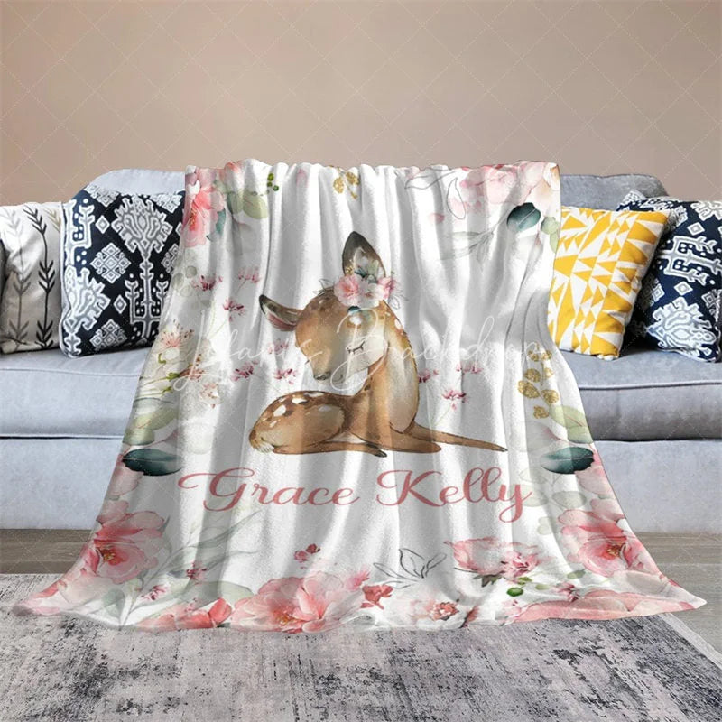 Lofaris Personalized Name Blanket for Girl Custom Baby with Fawn Pink Rose Floral Woodland Nursery Decor
