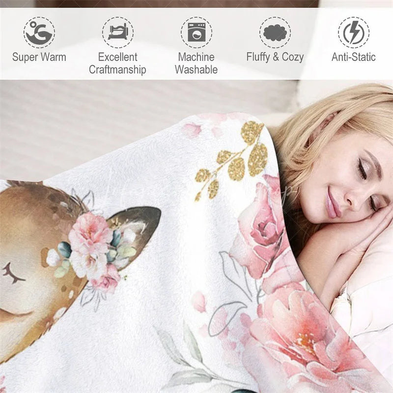 Lofaris Personalized Name Blanket for Girl Custom Baby with Fawn Pink Rose Floral Woodland Nursery Decor