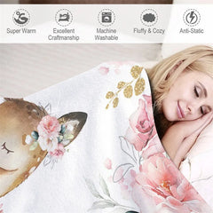 Lofaris Personalized Name Blanket for Girl Custom Baby with Fawn Pink Rose Floral Woodland Nursery Decor